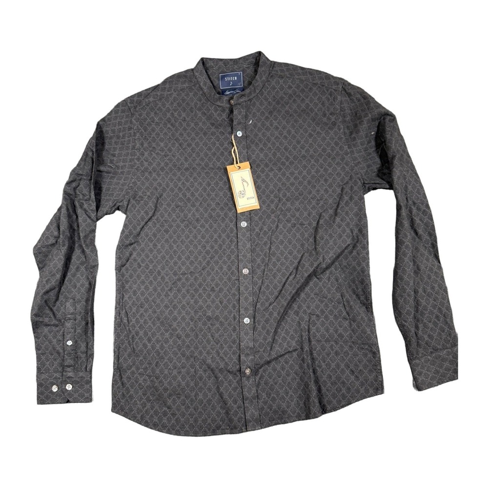 Stitch Note Mens Charcoal Egyptian Cotton Band Collar Diamond Print Shirt Small